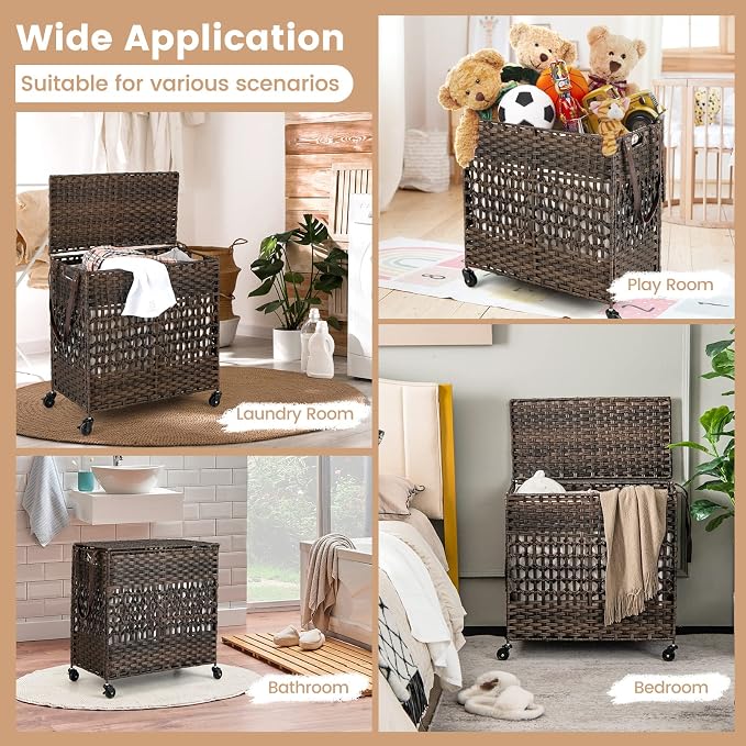 Giantex Laundry Hamper with Wheels and Lid, 33 Gal (125L) Wicker Laundry Basket, 2 Removable Liner Bags, Handles and Pulling Strap, Synthetic Rattan Rolling Laundry Hamper Clothes Storage