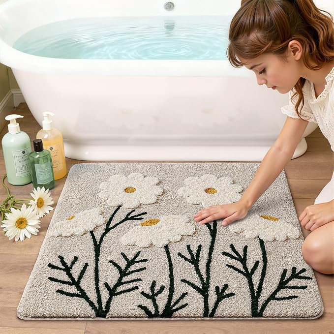 LUMI Bathroom Rugs Cute Daisy, Soft Absorbent Square Bath Mat Non-Slip, Machine Washable Quick Dry White Grey Luxury Rug Flower for Kids Room, Bathtub, Home Decor, 26"x26"