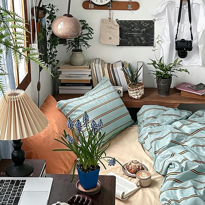 mixinni Retro Mint Blue Striped Duvet Cover Set - 100% Natural Cotton 3-Piece Vintage Stripes Pattern Printed Bedding Set, Soft Breathable Comforter Cover with Zipper Closure & Corner Ties, King Size