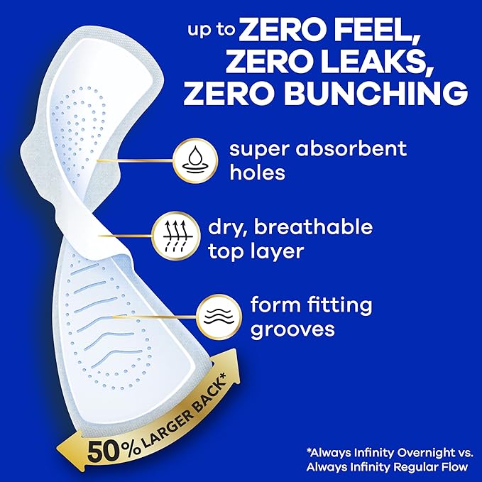 Always Infinity Feminine Pads for Women, Flexfoam Pads with Wings, Size 4, Overnight Absorbency, Unscented, 38 Count