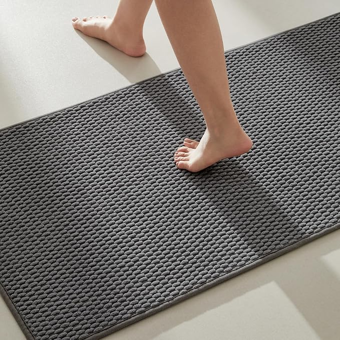 TYUU Bathroom Rugs Non Slip Washable, Super Absorbent Thin Bath Mat Quick Dry Low Pile Bathroom Rug, Dark Grey 20"x48"
