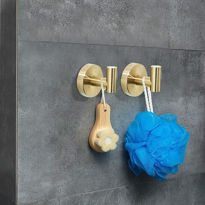 Gold Bathroom Hardware Set, Brushed Gold Toilet Paper Holder Towel Ring 2 Robe Hooks Wall Mount Hand Towel Holder Bath Accessories Stainless Steel, 4 Pieces