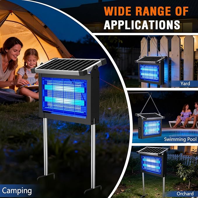 Zechuan Solar Bug Zapper Outdoor, 4500V Electric Mosquito Zapper, IP66 Waterproof Cordless Fly Killer, Type-C Rechargeable with Projection Light for Patio Yard Camping