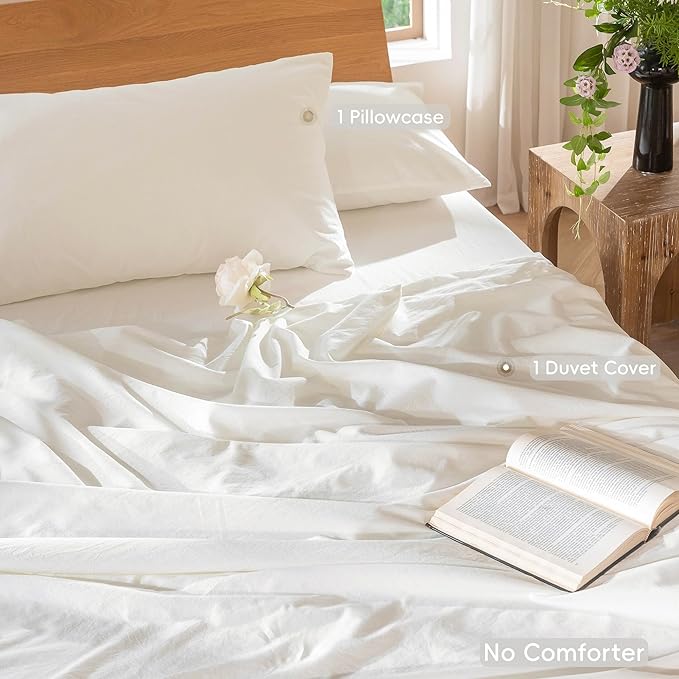 MooMee Bedding Duvet Cover Set 100% Washed Cotton Linen Like Textured Breathable Durable Soft Comfy (Solid Off White, King 104"x90") | Relaxed Linen-like Texture. Soft, Breathable & Long-lasting Comfort. Lightweight. Hidden Zipper with 8 Interior Corne...