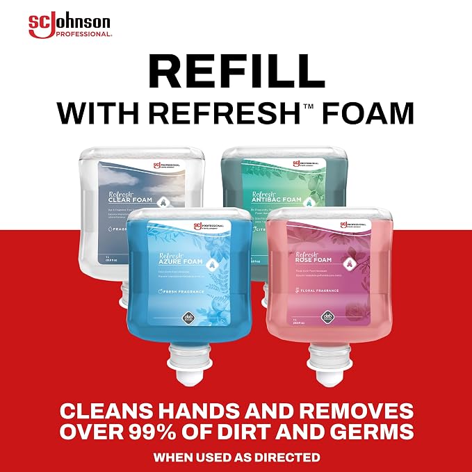 SC Johnson Professional Clear FOAM Dispenser and Refill Starter Kit, Wall Mount Soap Dispenser for Hand Soap, 1 Refresh Clear FOAM Hand Wash, 1 Liter Cartridge, 33.8 fl. oz., for Professional Use Only