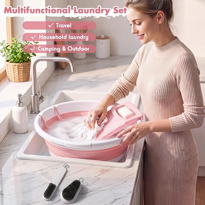 Lounsweer Large Collapsible Washboard Basin for Hand Washing Clothes with 2 Cleaning Brushes Portable Folding Laundry Tub with Non-Slip Washtub for Home Travel Camping (Pink)