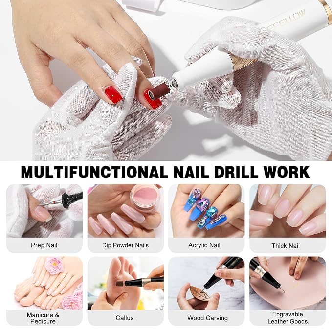YOKE FELLOW Nail Drill Machine - 4000RPM Nail Drills for Acrylic Nails Professional with 12 Drill Bits for Electric Nail File Manicure Pedicure Home Use (White)