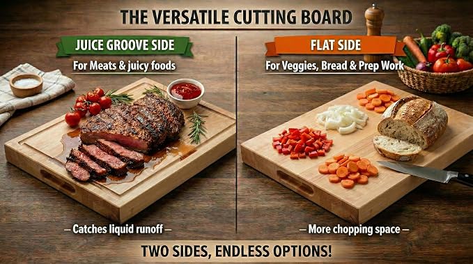 15 in. x 20 in. Maple Wood Cutting Board, Reversible with Juice Groove and Smooth Side, Thick Butcher Block Style Prep Board with Built-In Handles for Kitchen, BBQ, Meat Carving and Serving