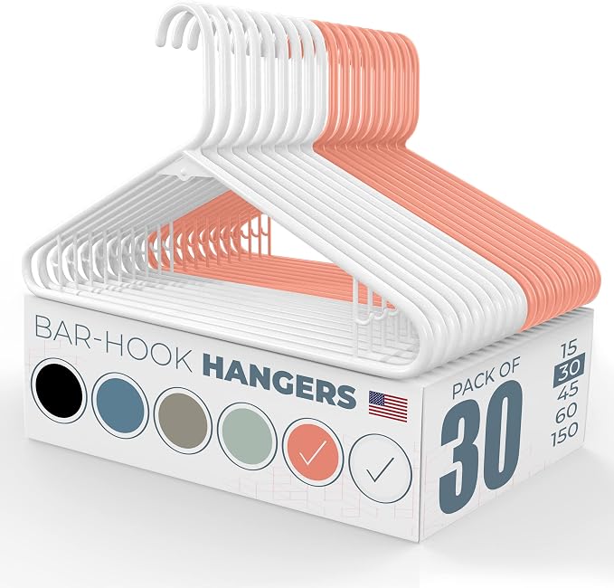 Plastic Hangers 30 Pack – Made in The USA – 6lb Capacity Standard Clothes Hangers with Strap Hooks for Dresses, Lingerie, Shirts, Pants, and Jackets – White & Peach