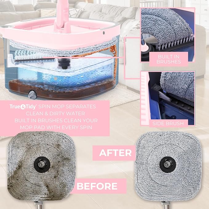 True & Tidy Square Spin Mop & Bucket System w/Machine Washable Pads, Rose