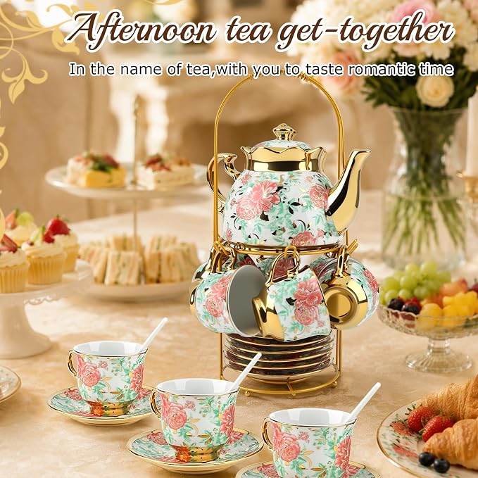 20 Piece Porcelain Tea Set with Metal Holder European Floral Pattern Tea Pot Tea Cup Tea Saucer Teaspoon for Women Adult Tea Party Large Version