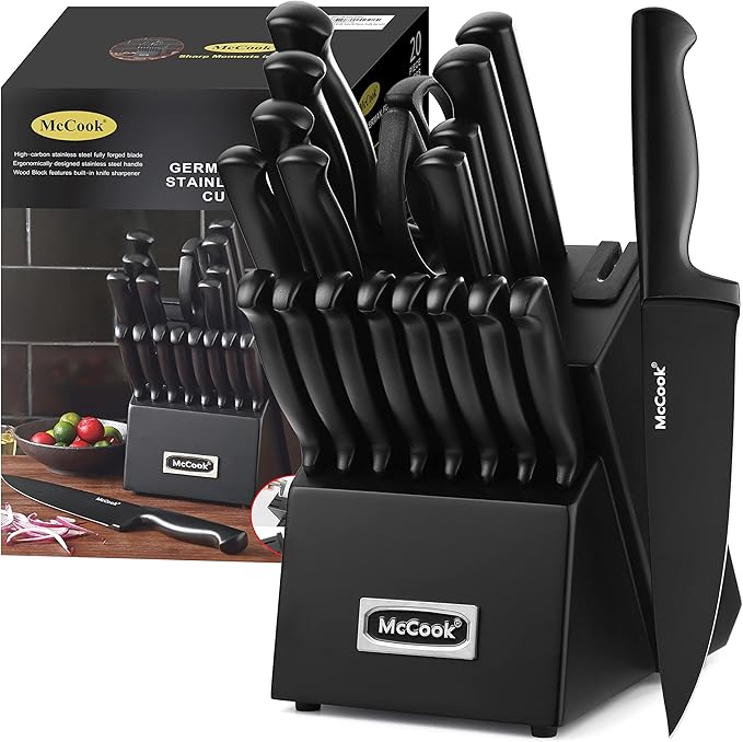 McCook® Premium Black Knife Sets,German Stainless Steel Kitchen Knives Block Set with Built-in Sharpener, 20-Piece Razor-Sharp Kitchen Knives with Ergonomic Handles, Elegant Box for Gift, Black | German Forged Stainless Steel,20 PC,Razor Sharp, Anti-Ru...