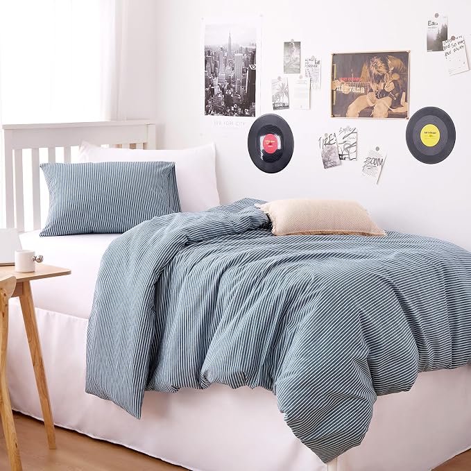 Wake In Cloud - Striped Cotton Duvet Cover Set, 100% Washed Cotton Textured Bedding Set, Ticking Stripe Pinstripe Farmhouse, 3 Pieces, Denim Blue, Twin/Twin XL Size