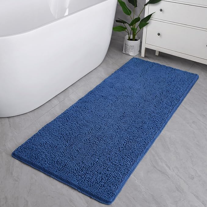 LOCHAS Luxury Bathroom Rug Shaggy Bath Mat 24 x 48 Inch, Blue | Washable Non Slip Bath Rugs for Bathroom Shower, Soft Plush Chenille Absorbent Carpets