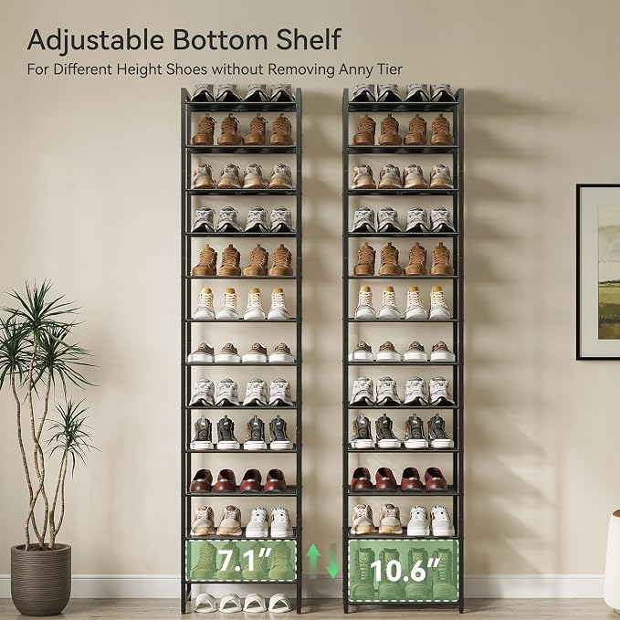 Nunsino Narrow Shoe Rack, 12-Tier Metal Shoe Organizer,Tall Shoe Shelf with Anti-Tip Strap, Max Holds 26 Pairs,Space Saving for Closet,Entryway,Black