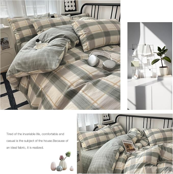 mixinni Full Size Buffalo Plaid Duvet Cover Set - 3 Piece Green White Geometric Bedding Set with Zipper Closure & Ties, 100% Washed Cotton Soft Breathable Duvet Cover for Men, Women, Teens (Full)