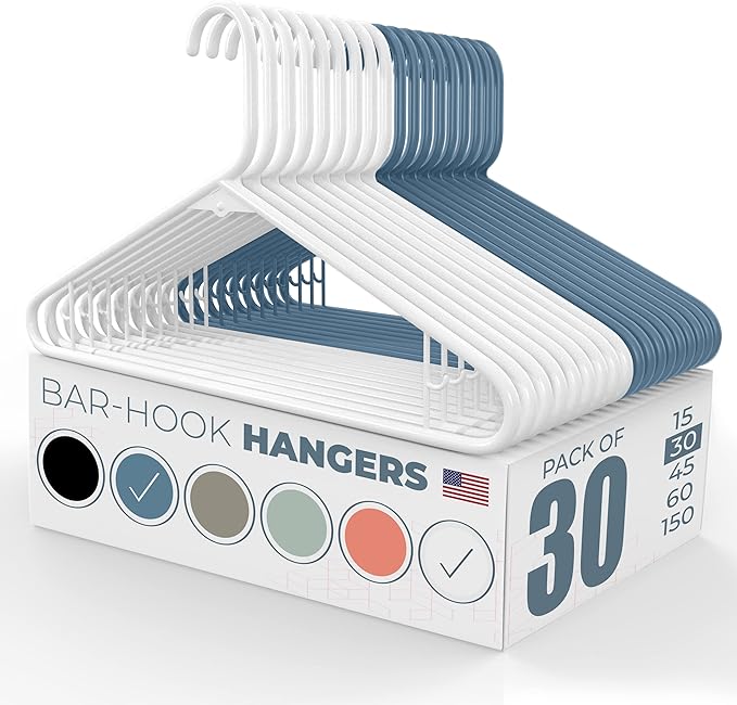 Plastic Hangers 30 Pack – Made in the USA – 6lb Capacity Standard Clothes Hangers with Strap Hooks for Dresses, Lingerie, Shirts, Pants, and Jackets – White & Blue