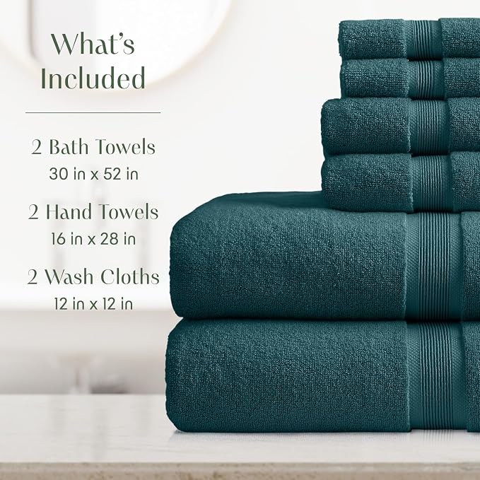 Springtree Home Luxury Bamboo Rayon Bath Towel Set | 6-Piece Set | Teal | 35% Bamboo Rayon - 65% Zero Twist Cotton | Absorbent Quick-Dry Towels for Bathroom | Ultra Soft | OEKO-TEX Standard 100