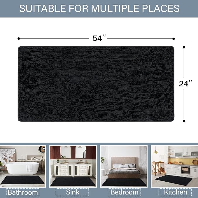 LOCHAS Luxury Bathroom Rug Shaggy Bath Mat 24 x 54 Inch, Black | Washable Non Slip Bath Rugs for Bathroom Shower, Soft Plush Chenille Absorbent Carpets