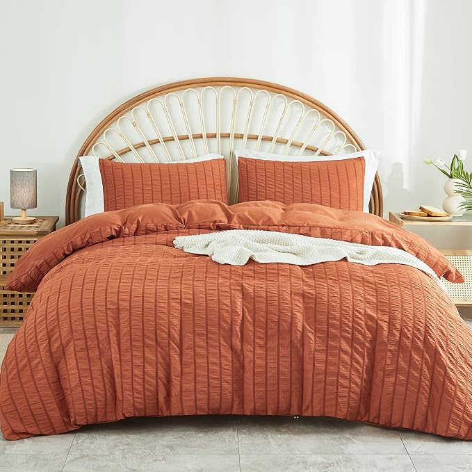 AveLom Terracotta Seersucker Duvet Cover Set Full Size (80 x 90 inches), 3 Pieces (1 Duvet Cover + 2 Pillow Cases), Ultra Soft Washed Microfiber, Textured Duvet Cover with Zipper Closure, Corner Ties