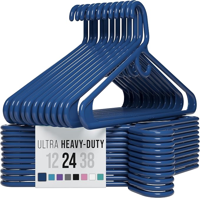 NEATERIZE Thick Heavy Duty Hangers - Navy Plastic Clothes Hangers 24 Pack - Great for Coat Hanger, Jackets Jeans & Suit Hanger for Closet - New Apartment Essentials Percheros Ganchos para Colgar Ropa