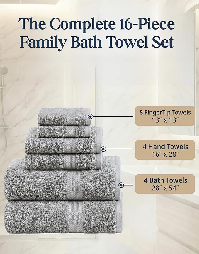 LANE LINEN Towel Set Soft Absorbent Quick Dry 100% Cotton 16 Piece - Grey | Cotton Bath Towels - Lightweight & Breathable, Fade-Resistant Color, Classic Terry Weave, Densely Woven & Durable