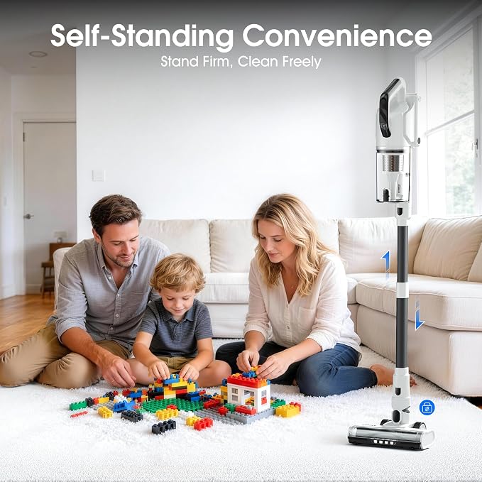 Klarpul Cordless Vacuum Cleaner, 2 Batteries 140 Mins Runtime 600W 50Kpa Stick Vacuum Cordless, Self-Standing Vacuum Cleaners for Home with 2.5H Fast Charging, for Floor/Carpet/Pet Hair, White