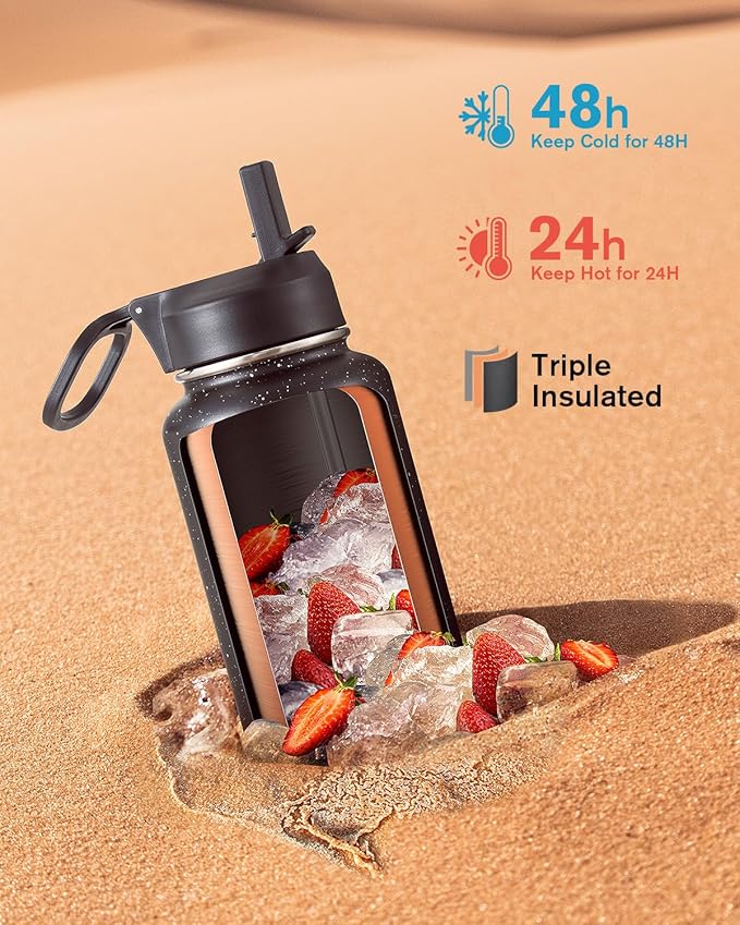 Coolflask Water Bottle 40 oz Insulated with Straw, Stainless Steel Metal 3 Lids Water Flask for Sports or Office, Keep Cold 48H Hot 24H, Starry Night