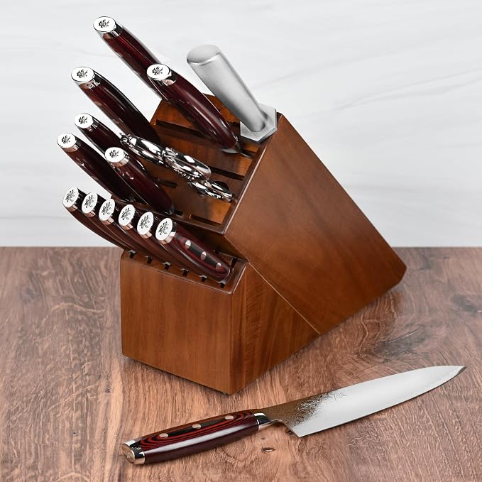 Yaxell Super Gou 16 Piece Knife Set - Made in Japan - 161 Layers SG2 Stainless Damascus, Acacia Block