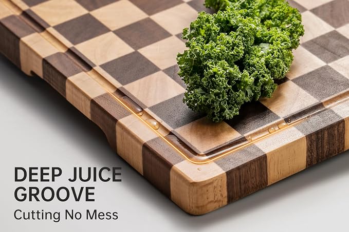 Cutting Boards for Kitchen, Checkered Wooden Cutting Board | 14"x11" Walnut End Grain Chopping Board with Juice Groove & Handle, Serving Tray for Prep Meat, Bread & Fruit