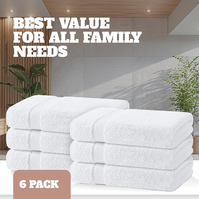 White Bath Towels 24x50 Inch, 6 Pack - Extra Absorbent Cotton Towel Set for Bathroom