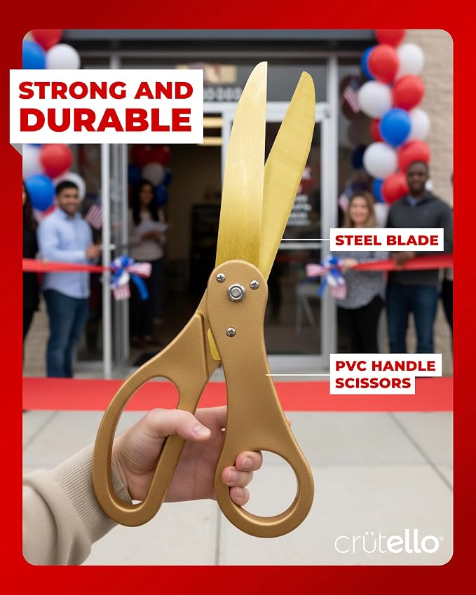 Crutello Ribbon Cutting Ceremony Kit - Grand Opening Ribbons and Scissors - 20"Giant Gold Scissors and 30 Foot Large Red Ribbon 4"Wide - Ceremonial Kit