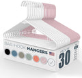 Plastic Hangers 30 Pack – Made in The USA – 6lb Capacity Standard Clothes Hangers with Strap Hooks for Dresses, Lingerie, Shirts, Pants, and Jackets – White & Pink
