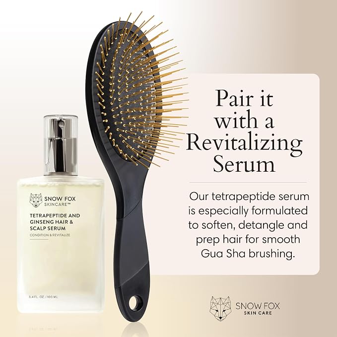 Snow Fox Skincare Gua Sha Hair Brush - Black Edition. Scalp Massage Comb with Gold-Plated Metal Bristles for Healthy Follicles. Soothing Gua Sha Acupressure Tool for All Hair Types