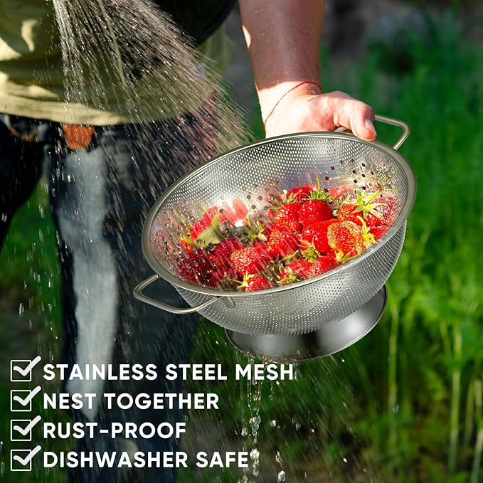 Bokon 3 Pcs Stainless Steel Colander Set Colander Bowl and Sieves 1/3/5 Quart Metal Mesh Strainer Net Basket with Handles Food Spaghetti Strainer for Kitchen Draining Pasta Rinsing(Silver)