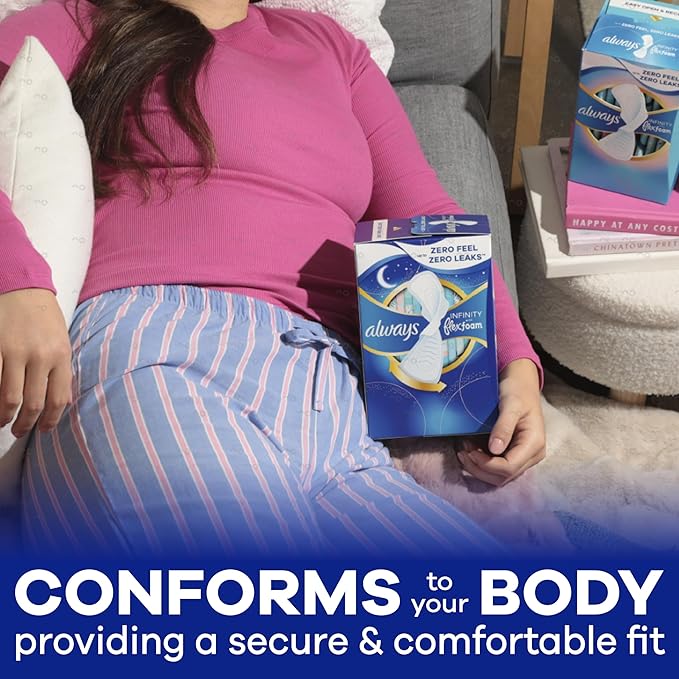 Always Infinity Feminine Pads for Women, Flexfoam Pads with Wings, Size 4, Overnight Absorbency, Unscented, 38 Count