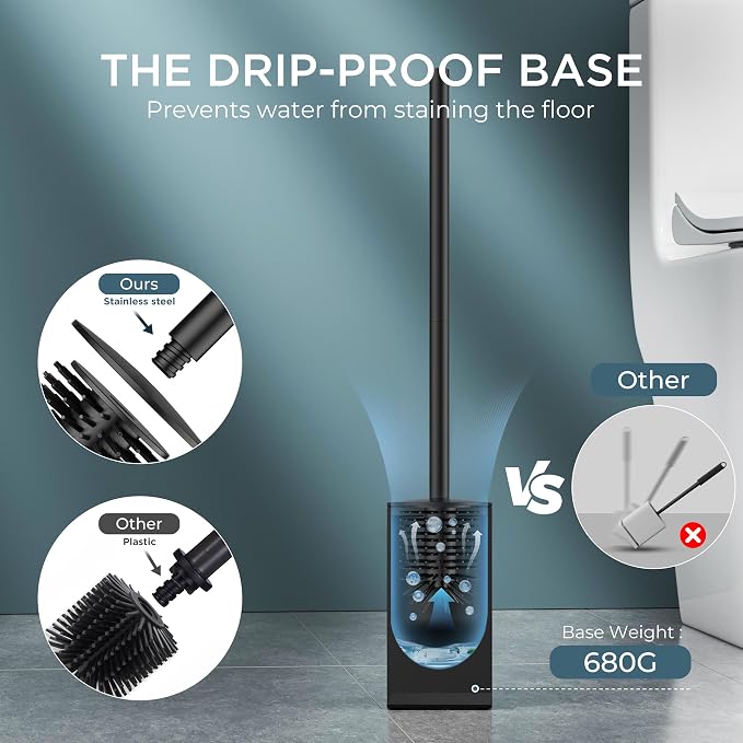 FORIOUS Short Toilet Brush and Holder Set, Heavy Duty 304 Stainless Steel Base Square and Long Handle for Bathroom Deep Cleaning, Drip-Proof, Space Saving for Storage, 2 Toilet Bowl Brush Head, Black