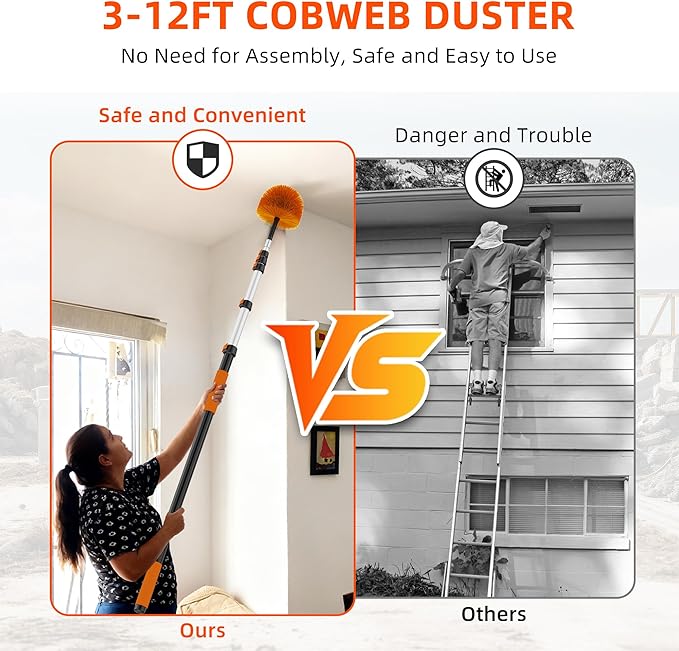 18 FT Cobweb Duster with 3-12 FT Telescoping Pole, Dual Action Flip-Lock & Screw Fixing Design, Washable Reusable Duster for High Ceilings, Fans & Home Cleaning