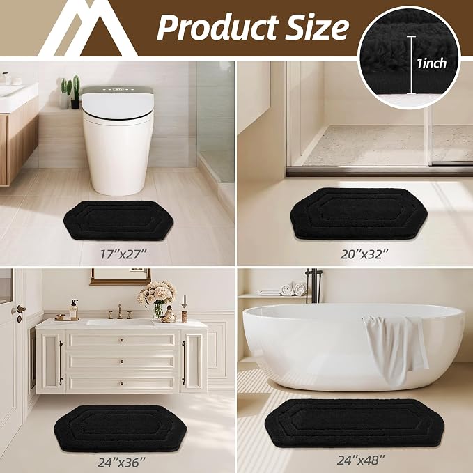 COSY HOMEER Bathroom Mat Rugs 24”x48” Non-Slip Absorbent Bath Mat Plush Shaggy Machine Washable Bath Rugs Soft Polyester Bath Mats for Bathroom Floor,Tub and Shower,Black