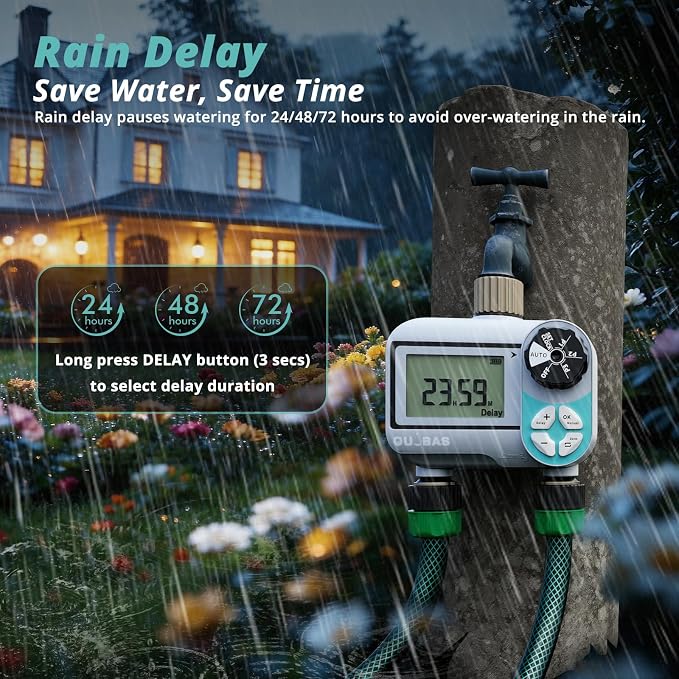 QUOBAS Sprinkler Timer, Weekly Programmable Water Hose Timer for Garden Hose Faucet with Waterproof LCD Screen, Rain Delay/Manual/Automatic Irrigation Watering System for Garden, Lawn, Yard