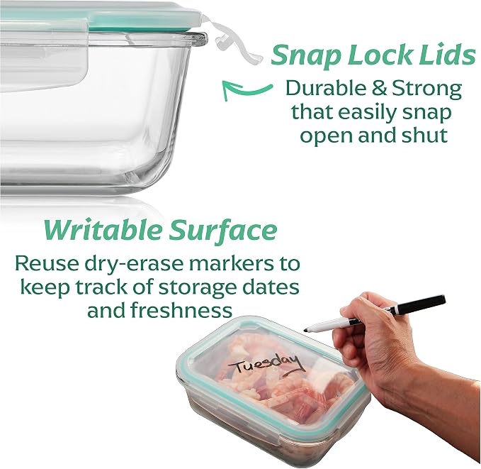 8 Pack 35 oz Glass Containers - Airtight, Microwave, Oven | Borosilicate, 1040 ml Capacity, Snap Lock Lids, Leakproof, Oven Safe 752 F, Freezer Safe, Microwave Safe, Dishwasher Safe