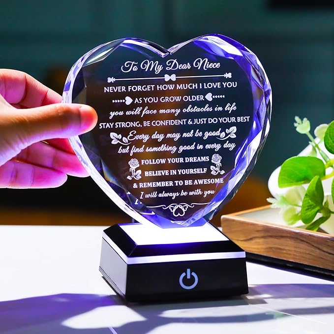 Arikyrist Niece Gifts from Auntie Uncle with Colorful LED Base, Inspirational Birthday Graduation Gifts for Niece from Aunt, Heart Crystal keepsake To My Nieces Present on Christmas