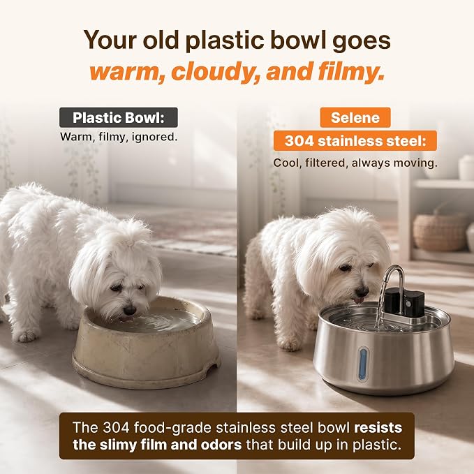 Selene Wireless Doggy Fountain, 7L (1.85 Gal) Cordless Dog Water Fountain for Dogs Inside, Stainless Steel Pet Fountain, 4-Layer Filtration, 30-Day Battery
