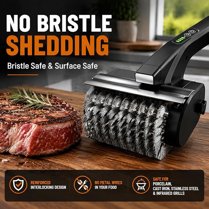 Electric Grill Brush Cleaner, High Torque BBQ Bristle-Free Cleaner – Rechargeable Cordless with LED Light, Splash Guard & Scraper, Heavy Duty Grill Cleaner Tool for Outdoor Grill, Gift for Men Dad