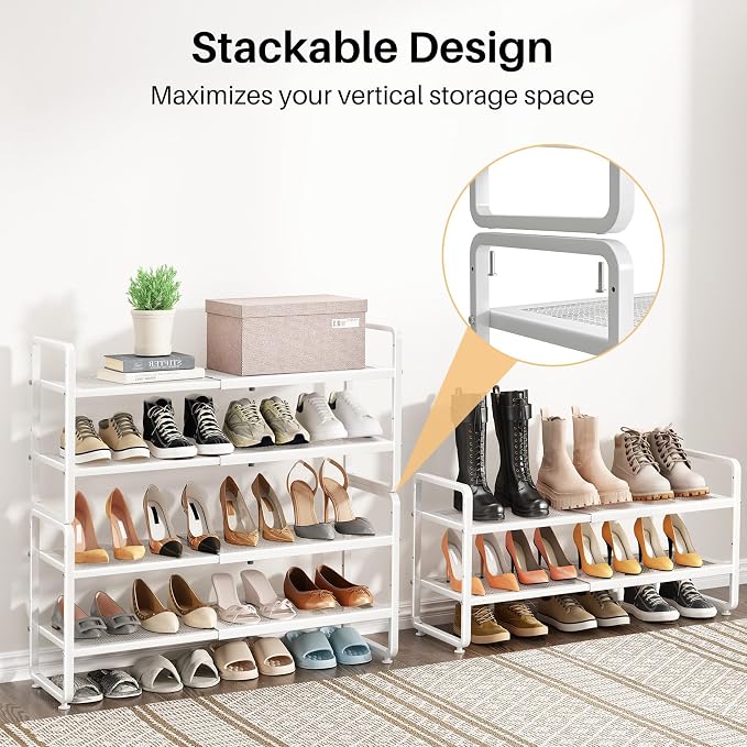 SNTD Shoe Rack - Expandable Shoe Organizer for Closet, Adjustable Metal Shoe Shelf Storage, Stackable Long Shoe Stand Holder for Garage, Entryway, Door Entrance (White, 2-Tier)