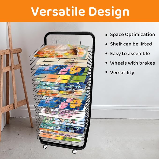 25 Removable Shelves Mobile Art Drying Rack for Classroom, Sturdy Metal Art Canvas Storage & Art Print Display Rack with Locking Wheels (32.22x14.6x17.3 In)，Painting Drying Rack，paper drying rack