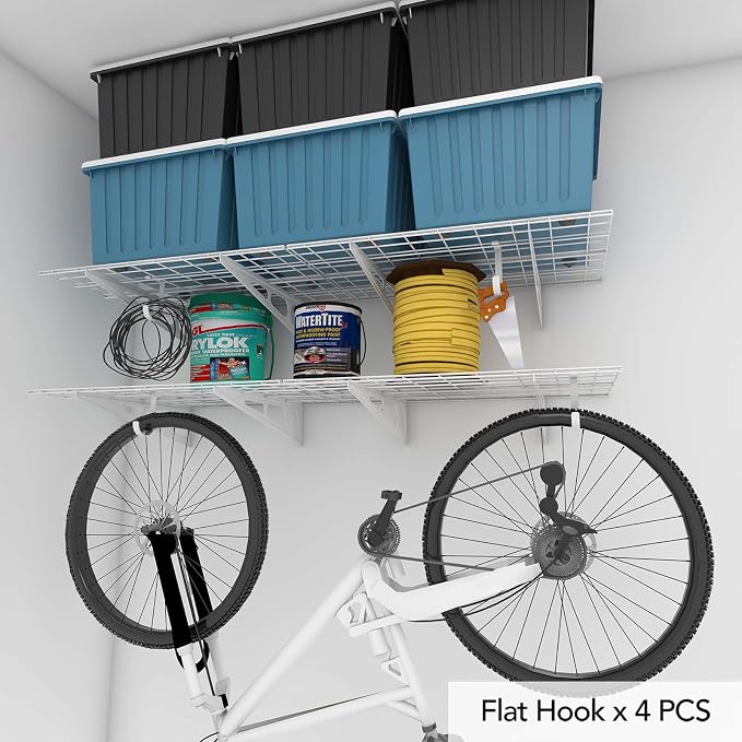FLEXIMOUNTS 2-Pack 2x6ft Garage Shelving with Hooks 24-inch-by-72-inch Wall Shelf Garage Storage Rack Floating Shelves, White, Classic Series