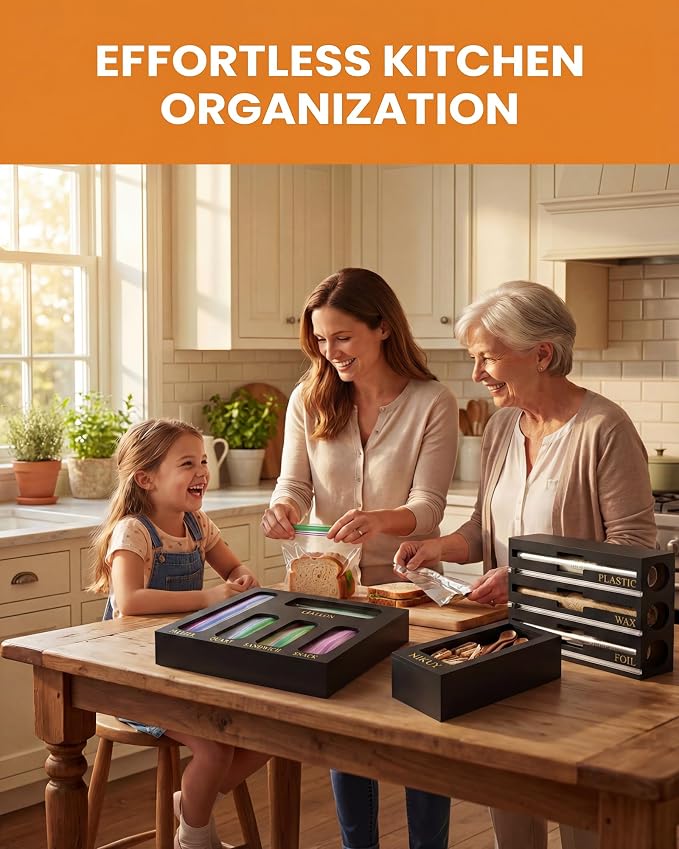 9 IN 1 Bamboo Foil and Plastic Wrap Organizer for Kitchen Drawer, Plastic Bag Organizer Organization and Storage, Food Storage Bag Organizer (BLACK)