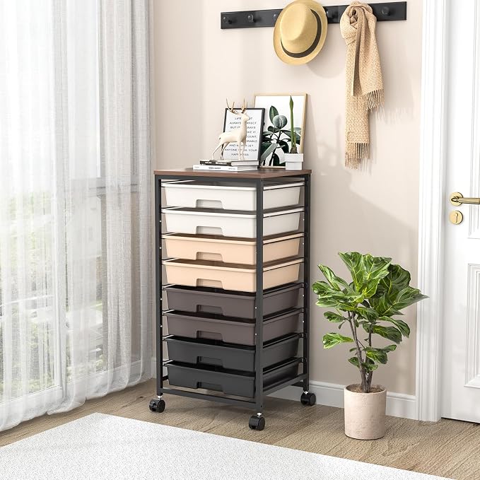 SYKIARIOL Rolling Storage Cart with Drawers, Rolling Drawer Cart and Wooden Tabletop,Storage Drawer Cart for Living Room,Classroom,Bedroom,Bathroom,Dorm,Office,Brown Gradient