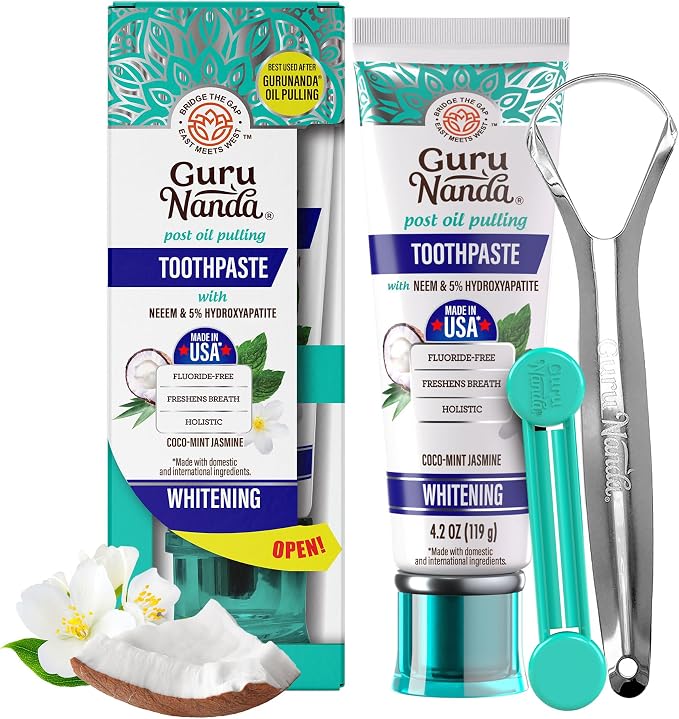 GuruNanda Hydroxyapatite Toothpaste for Whitening with Neem & Xylitol, SLS & Fluoride Free Formula with Tongue Scraper & Squeezer - Freshens Breath, Fights Plaque - Natural CocoMint Jasmine, 4.2oz